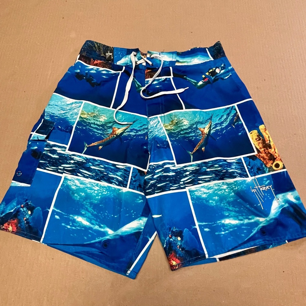 Guy Harvey AFTCO Bluewater Men's Board Shorts Size 30 Blue Marlin Photo Collage